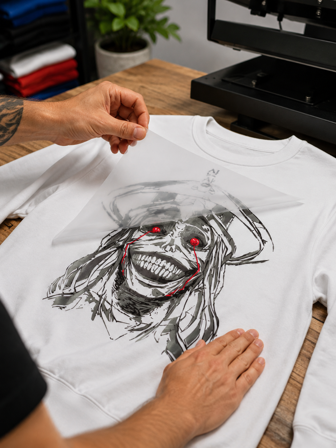 Peeling a Black Label DTF transfer onto a white sweatshirt