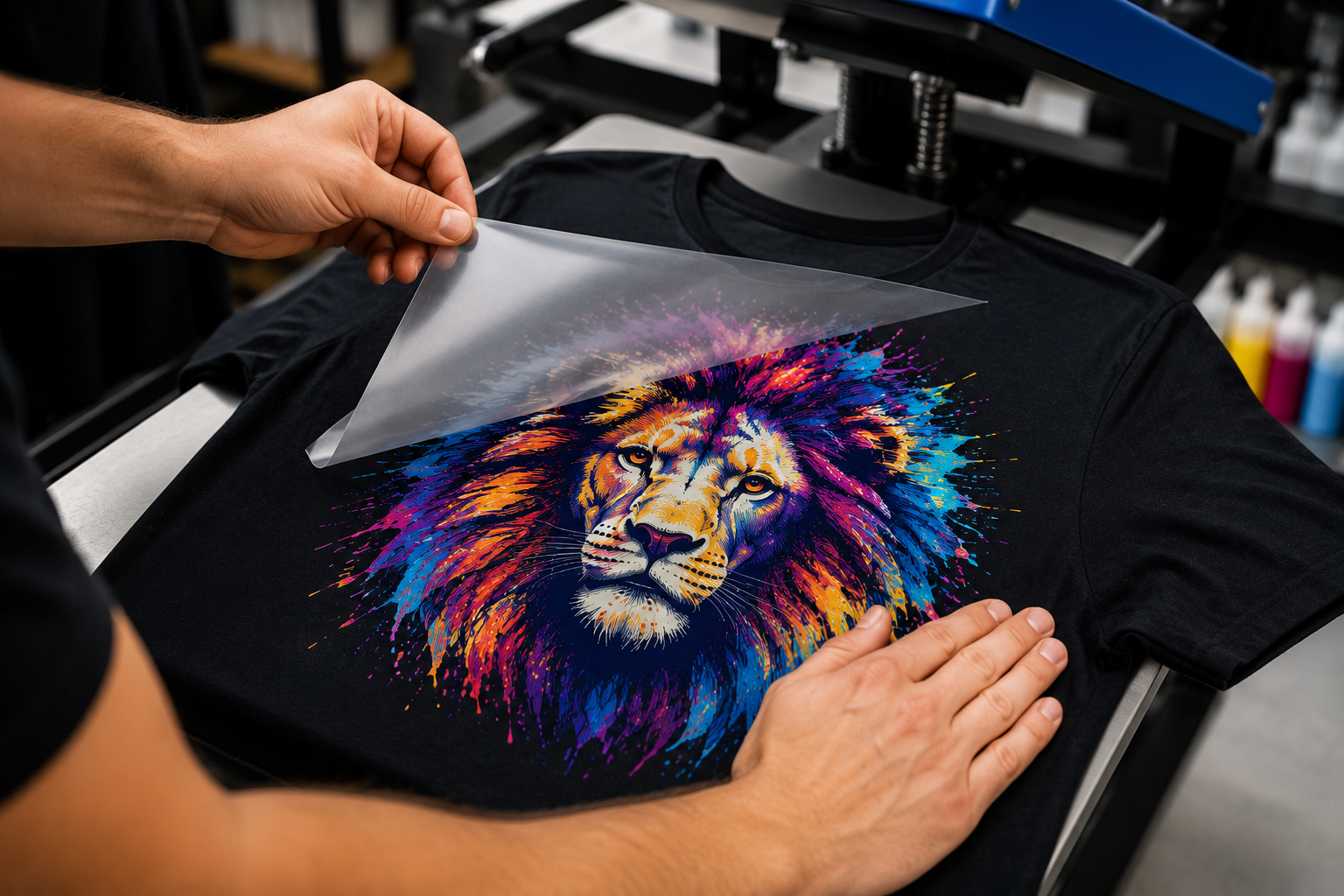 Peeling a Black Label DTF transfer of a colorful lion design onto a black t-shirt